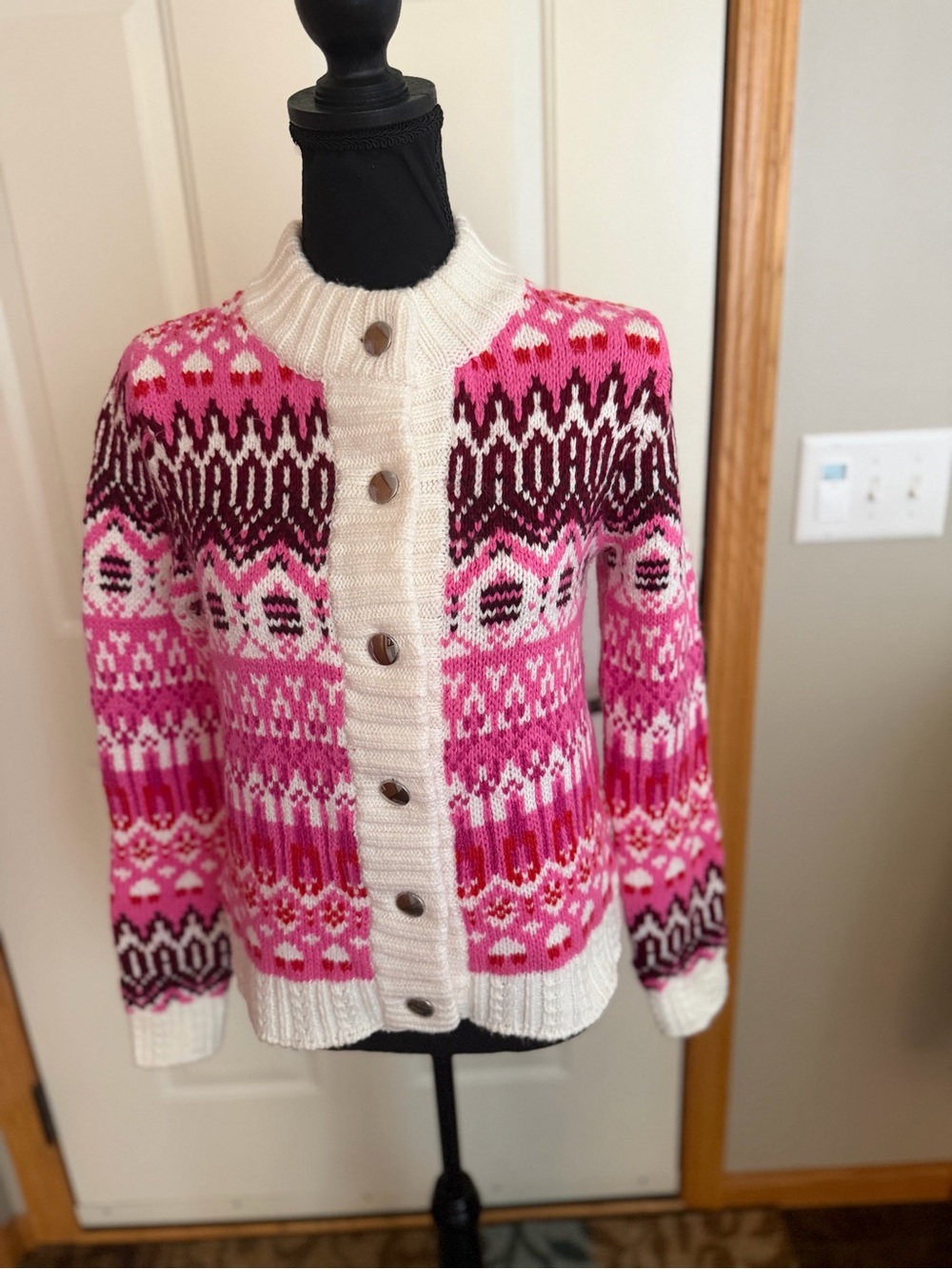 Talbots KH5348 ivory pink berry mock neck fair isle cardigan cotton sweater.XS/S
